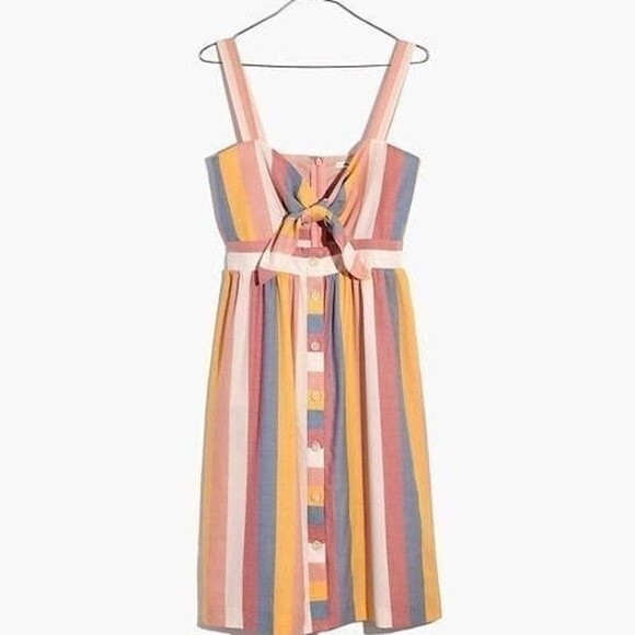 Madewell Tie Front Boho Cutout Button Front Summer Sun Dress Sherbet Stripe 00 - Picture 5 of 14